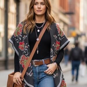 Unique Fleecy Boho/Rustic Style Floral Cape/Vest/Cardigan